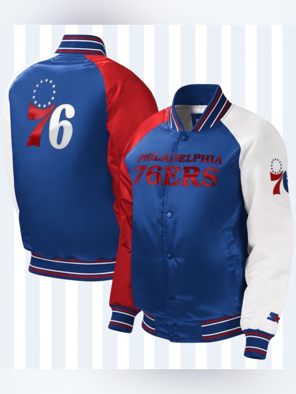 Philadelphia 76ers STARTER Youth LARGE Raglan Full-Snap Varsity Jacket Royal NEW